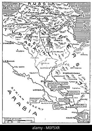 WWI - A 1917 map showing military activity in the 1914-1918 First World War - Mesopotamia and the British operations from the Persian gulf 1915 Stock Photo