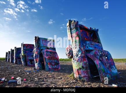 Amarillo, Texas - July 21, 2017 : Cadillac Ranch in Amarillo. Cadillac Ranch is a public art installation of old car wrecks and a popular landmark on  Stock Photo