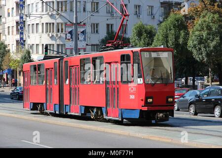 BELGRADE, SERBIA - AUGUST 15: People ride tram August 15, 2012 in Belgrade, Serbia. Belgrade tram system exists since 1892 and is among largest in Eur Stock Photo