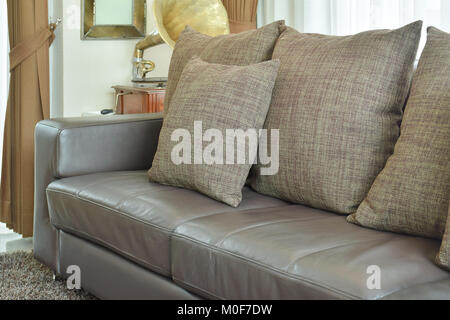 Brown texture pillows on deep brown leather sofa in the living room Stock Photo