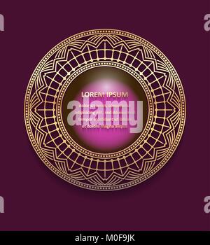Ornate, decorative, lace, gold frame, mandala on violet dark background. It can be used for decorating of invitations, greeting cards or logo design.  Stock Vector