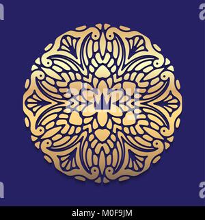 Ornate, decorative, lace, gold frame, mandala on blue dark background with crown. It can be used for decorating of invitations, greeting cards or logo Stock Vector