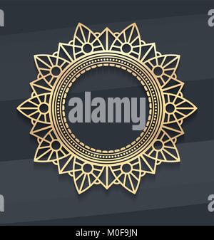 Gold lace decor — mandala with shadow on noble dark background. A round place in centre of element for your text or logo design. Stock Vector