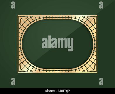 Gold rectangular lace design element - frame with shadow on a rich dark green background with a middle place for your text or decor. Stock Vector