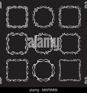 Set of nine simple stylish decorative frames on a black background. Stock Vector