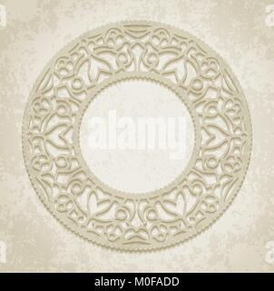Circle lace ornament, round ornamental geometric doily pattern with empty space for text on the old background. Vector illustration greeting, wedding  Stock Vector