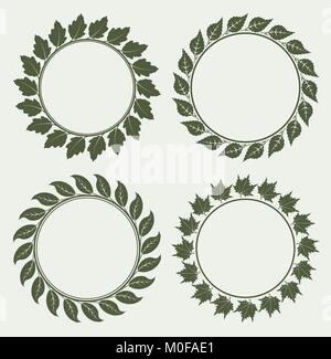 Circular floral frames set. Black ornate retro leaf pattern, thin swirl ...