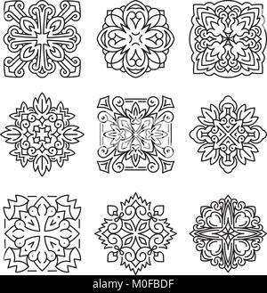 Set of 9 various design elements in a mono-line style. Vector illustration for logo design, tattoo and other. Stock Vector