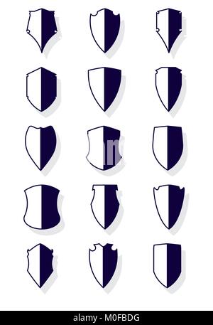 Set of 15 icons of shields with shadow Stock Vector