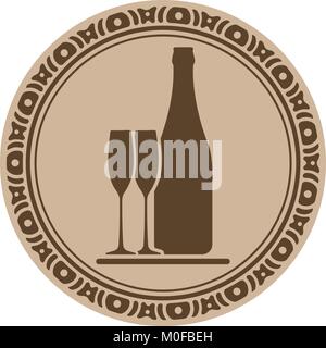 Buttle of wine and pair of glasses into decorative round frame Stock Vector