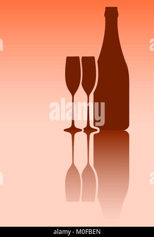 Bottle of wine and pair of glasses in red tones with mirror reflection Stock Vector