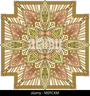 Abstract vector colored square lace design in mono line style - mandala, ethnic decorative element. Can be used as anti stress therapy. Stock Vector