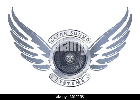 Abstract design with speaker. wings and captions Clear sound systems for logo or decor Stock Vector