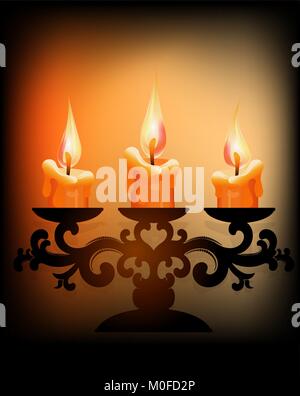 Three burning candles on dark background Stock Vector
