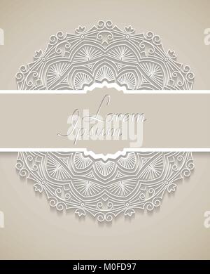 Circle lace ornament, round ornamental geometric doily pattern with horizontal banner for headline text. Vector illustration in light tones. Stock Vector