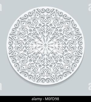 Round paper lace doily, greeting card. Decorative, geometric vector snowflake, mandala. Circle crochet ornament, eps 10. Stock Vector