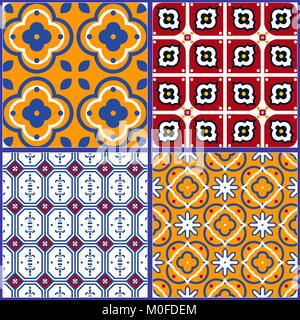 Blue and yellow spanish seamless ceramic tile pattern. Stock Vector