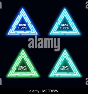 Neon light triangles set. Shining techno frame collection. Night club electric bright 3d banners design on dark blue backdrop. Neon abstract tech background with glow. Technology vector illustration. Stock Vector