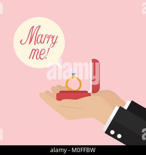 Will you marry me. Male hands with red velvet box containing engagement ring. Stock Vector