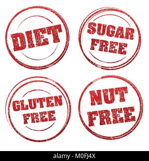 Set of four red grunge rubber stamps with captions: DIET, SUGAR FREE, GLUTEN FREE, NUT FREE Stock Vector