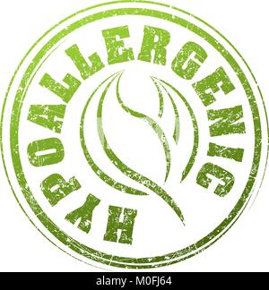 Abstract green grunge rubber stamp with caption HYPOALLERGENIC and pair of leaves Stock Vector