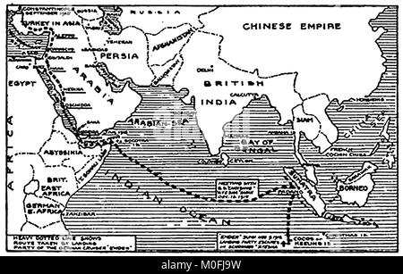 WWI - A 1917 map showing military activity in the 1914-1918 First World War showing the cruise of the German cruiser SMS Emden and its place of landing Stock Photo