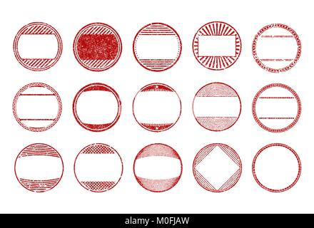 Set of 15 red, round, grunge, rubber stamps - templates. Vector illustration for your design in different styles. Stock Vector