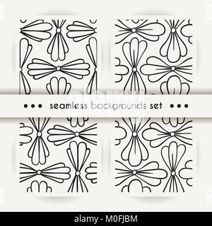 Set of seamless backgrounds, vector patterns with floral made of simple doodles. Cartoon flowers Stock Vector