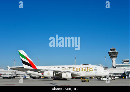 Emirates, Airbus, A380-800, A380, 800, Airplane, Aircraft, Plane, Munich Airport, terminal 1, tower, position, ramp, roll in, Stock Photo
