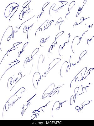 Collection of fictitious contract signatures. Autograph illustration. Stock Vector