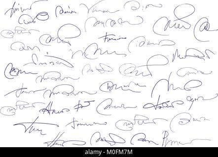 Collection of fictitious contract signatures. Autograph illustration. Stock Vector