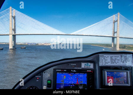Dames Point Bridge against the clear blue skies from the cockpit of Seary seaplane, Jacksonville, Florida Stock Photo
