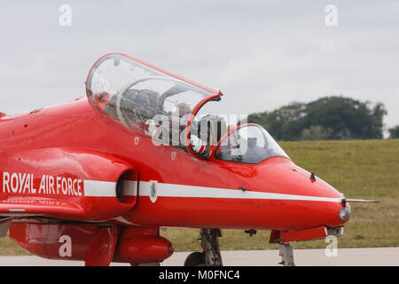 RAF Red Arrows Display team, Flt Lt Kirsty Moore the Red Arrows first female pilot with her engineer in the cockpit of a Hawk T1, Stock Photo