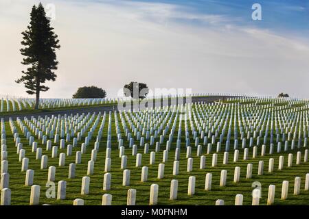 Distant Unique Tombstone Pattern at Fort Rosecrans National Federal Military Cemetery at Point Loma Peninsula San Diego California Stock Photo