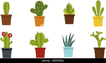 Room cactus icon set, flat style Stock Vector