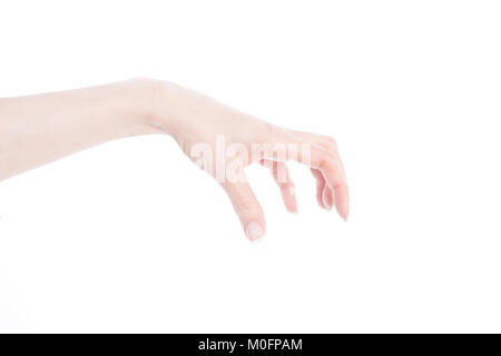 Woman's hand making gesture while grab some items isolated on white background Stock Photo