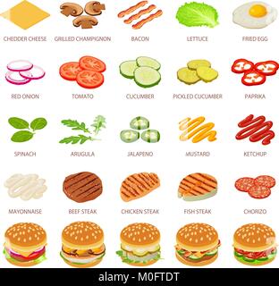 Burger ingredient icons set, isometric style Stock Vector