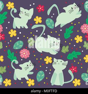 Cute Cat seamless pattern with flower on colorful background Vector illustration.Cartoon style Stock Vector