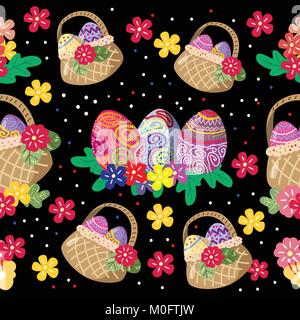 Cute Bunny and easter eggs seamless pattern with colorful flower on cools background for easter festival   Vector illustration Stock Vector