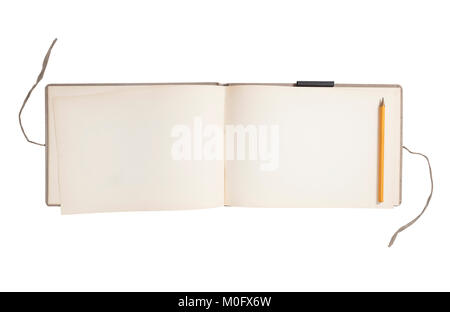 Old sketch book open with blank pages isolated on white background Stock Photo
