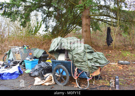 A homeless mans camp on the side of the road in Bellingham, Washington, USA. A shopping cart, wheeled cart in the foreground, a coat hangs in a tree. Stock Photo