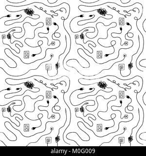 Tangled electric cables seamless pattern - doodle texture illustration vector. Stock Vector