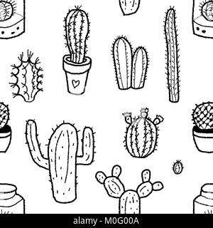 Cactus flowerpot seamless pattern - doodle texture illustration vector. Stock Vector
