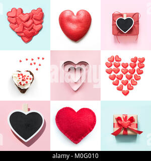 Valentines day collage design with various heart shape, gift box. View from above. Flat lay. Concept.