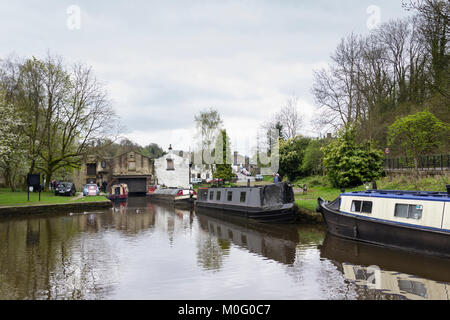 Whaley Bridge wharf on the Peak Forest canal, looking towards the 1801 transhipment warehouse. Stock Photo