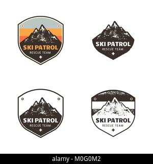 Ski Club, Patrol Labels. Vintage hand drawn mountain winter camp explorer badges. Outdoor adventure ski patrol logo design. Travel patch, hipster print. Retro colors, monochrome emblems. Stock Vector Stock Vector