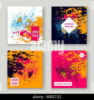 Neon explosion paint splatter artistic cover frame design. Decorative dust splash spray texture orange background. Trendy creative template vector Cov Stock Vector