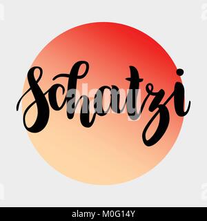 Schatzi - sweetheart in German. Happy Valentines day card, Hand-written lettering isolated on grey, red orange gradient circle. Vector illustration. H Stock Vector