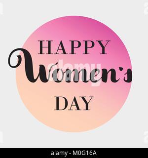 Happy Womens Day text as celebration badge, icon. Text card invitation, template. Festivity background. Lettering typography poster. Banner on pink gr Stock Vector