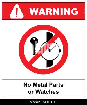 No metallic articles or watches, No access for people with metallic implants signs. Vector illustration. Warning symbol isolated on white Stock Vector